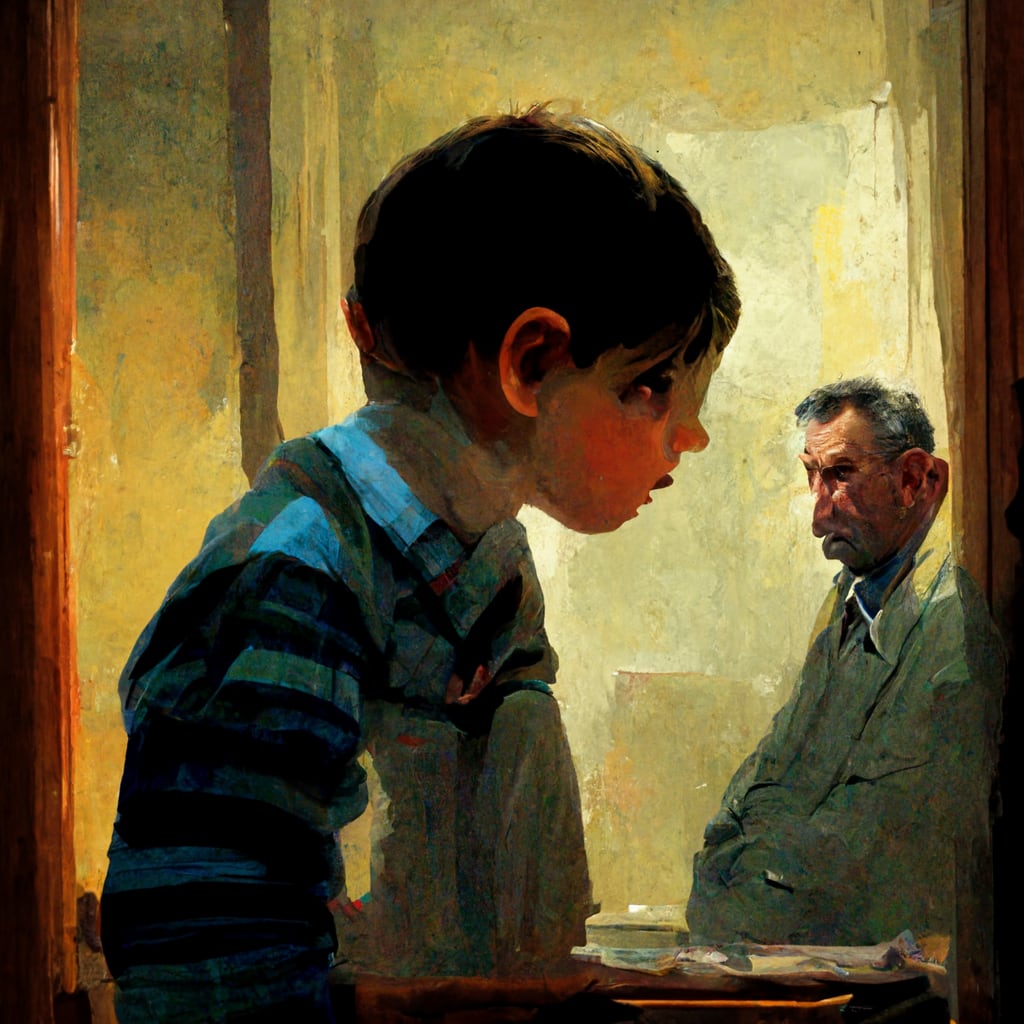 ai rendered painting of sullen boy and man